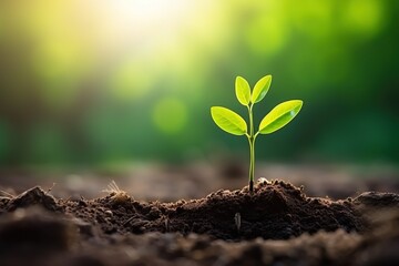 Plant seedling growing on fertile soil with sunlight, concept seedling nature background, beautiful green color