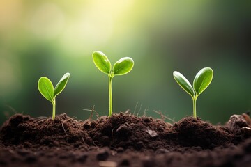 Fototapeta premium Seedlings growing in the soil under the rays of the sun. concept of new life and investment in green business.