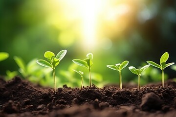 Seedlings growing in the soil under the rays of the sun. concept of new life and investment in green business. - obrazy, fototapety, plakaty