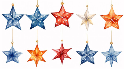 Fototapeta premium Watercolor Christmas stars. Christmas decorations, decorative elements. Hand drawn watercolor illustration set/