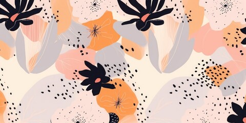 Hand drawn cute warm artistic flowers print. Abstract collage pattern. Fashionable template for design, Generative AI 