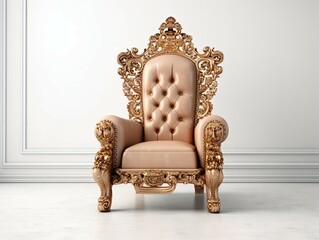 Royal Throne Luxurious Tan Chair with Ornate Golden Legs white background.