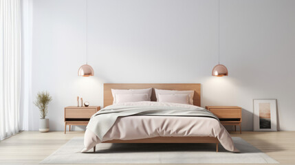 A minimalist bedroom with a bed,  a small side table,  and a lamp,  featuring clean lines and neutral colors