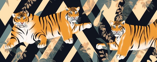 Abstract geometric collage print with tigers. Hand drawn seamless  pattern. Fashionable template for design, Generative AI 