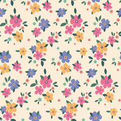 Seamless floral pattern, liberty ditsy print with pretty mini flowers. Cute botanical design: colorful blooming meadow, small hand drawn flowers, tiny leaves scattered on a light background. Vector.