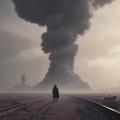 dramatic and mysterious scene of a lone figure in a vast wasteland - obrazy, fototapety, plakaty
