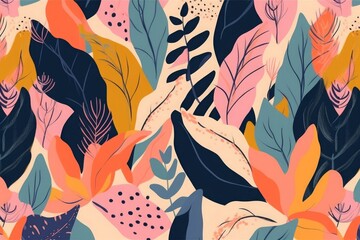 Modern exotic jungle plants illustration pattern. Creative collage contemporary floral seamless pattern. Fashionable template for design, Generative AI  - obrazy, fototapety, plakaty