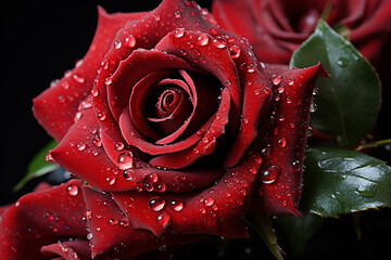 close-up or macro view of water droplets on a red rose. nature photography