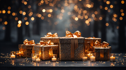 Golden Christmas presents arranged beautifully under a glittering tree - ideal for adding a touch of luxury to your holiday marketing materials