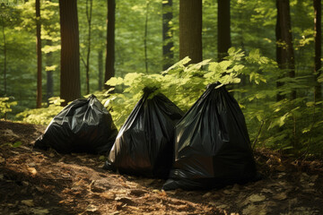 Three full trash bags in a forest