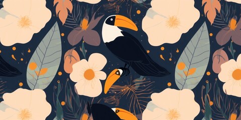 Hand drawn modern bohemian abstract floral pattern with toucan birds. Collage contemporary print. Fashionable template for design, Generative AI 