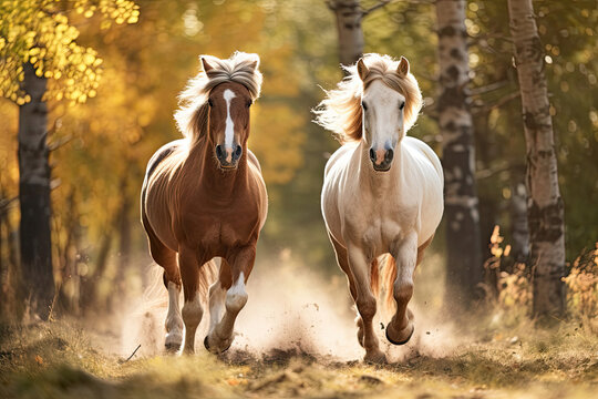 Brown and white horses walking in a forest