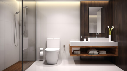 Fototapeta na wymiar 3D-rendered residential bathroom and toilet design, characterized by its clean, modern aesthetics and furnished with a washstand, toilet, and shower equipment.