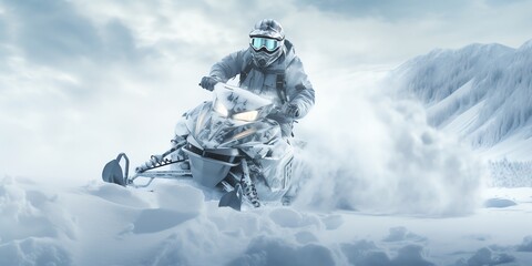 Close-up of a snow bike rider with copy space in the background