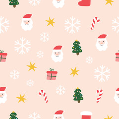 Christmas pattern with Santa Claus, Christmas tree, star, candy cane, gift, snowflake vector illustration. Christmas seamless pattern and texture background design. Repeat pattern and decoration.