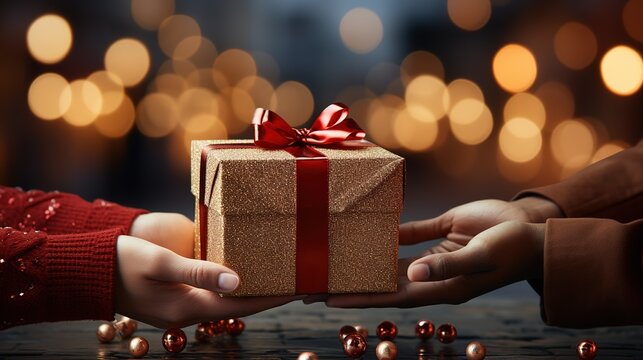 Elegant gift box with red bow for Christmas celebrate in hands