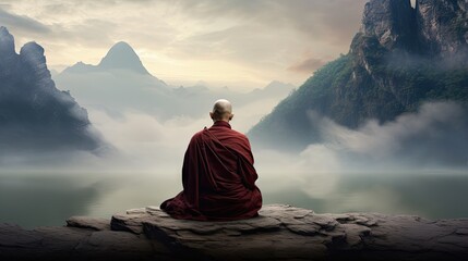monks in meditation Tibetan monk from behind sitting on a rock near the water among misty mountains - obrazy, fototapety, plakaty