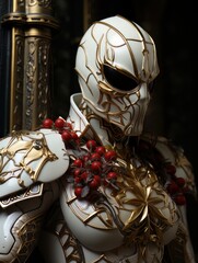 Superhero man in white mask with golden patterns in the form of web. AI