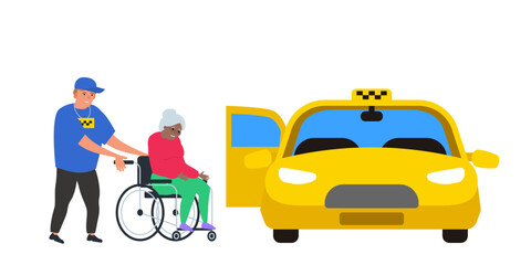 african american senior woman in wheelchair and taxi driver helps her disabled people transportation vector illustration