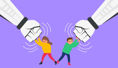 little kids between two pushing robotic fists confrontation fighting against robots  vector illustration