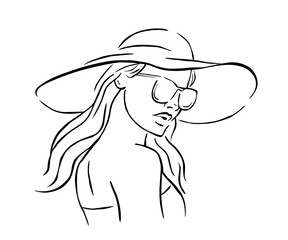 beautiful woman portrait in hat and sunglasses line art drawing vector illustration