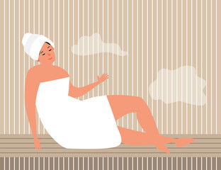 sitting woman wrapped in towel relaxing and sweating in hot sauna vector illustration  - 648756384