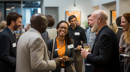 A group of business executives networking and socializing at a networking event, cheering with glasses of wine. Business professionals communicating at convention center