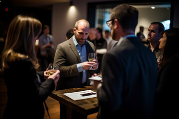 Group of businesspeople networking at a conference, interacting and making contacts at business event session.