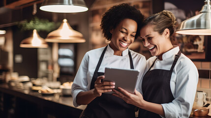 Two female waiters working at a restaurant and looking at the menu on a tablet, restaurant worker using a digital tablet while working - obrazy, fototapety, plakaty