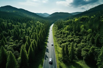 Fototapeta na wymiar Aerial photography. Green forest and asphalt road. Top view. Forest road through the forest. Ready for a car adventure ecological environment healthy environment road trip