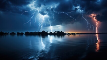 Naklejka na ściany i meble Lightening large bolts over a lake at night dark skies