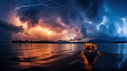 Deurstickers Lightening large bolts over a lake at night dark skies © sirisakboakaew