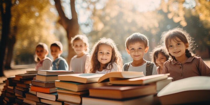 Children, books, and hanging out in the park with friends. Learning or diversity in reading at the school playground. Children, study or education