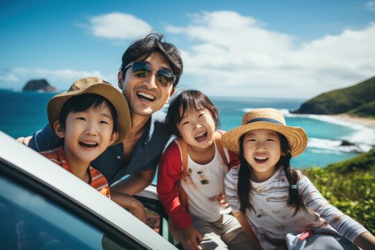 Asian family enjoying a trip in their favorite car. Parents and children are traveling to the sea or ocean.