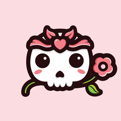 skull head wearing a bandana while holding a flower in his mouth