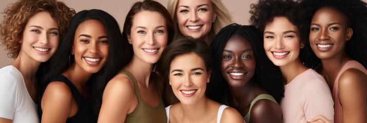 Ethnic diversity and beauty Group of women of various races with beautiful white smiles with white...