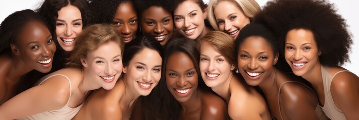 Obraz premium Ethnic diversity and beauty Group of women of various races with beautiful white smiles with white background