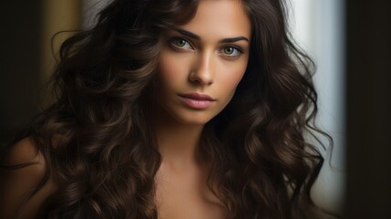 Fototapeta premium Young woman with beautiful brown hair and long wavy hair
