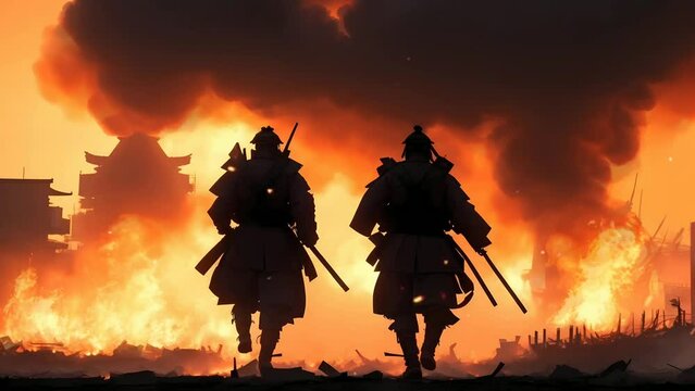 Silhouettes of two samurai warriors in the middle of a raging battle, Seamless Animation Video Background in 4K Resolution