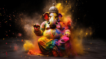 a Ganesha in holi dust splash on dark background. Generative Ai