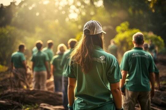 A team of volunteers and people in nature for teamwork and community service planning with leadership, goals, and strategy. Senior leader or executive on a forestry, park, or green project.
