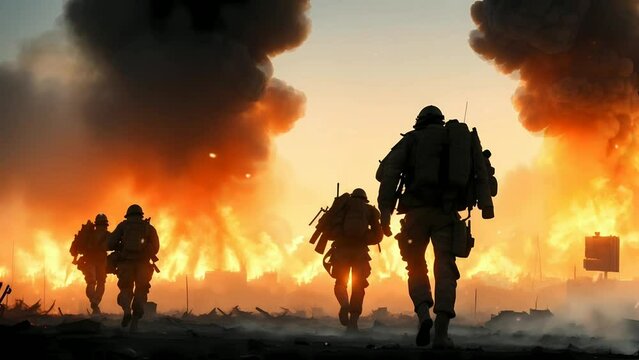 silhouette of a war soldier at the scene of the battle in the city, Seamless Animation Video Background in 4K Resolution