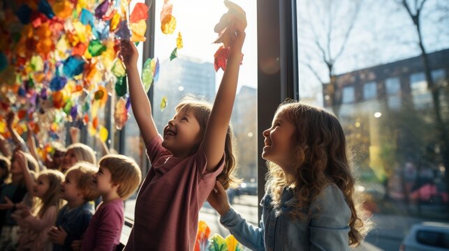Children at home draw rainbows on the windows of the social community. Flash mob in self-isolation, quarantine, pandemic. Creative children, colorful holidays, artists.
