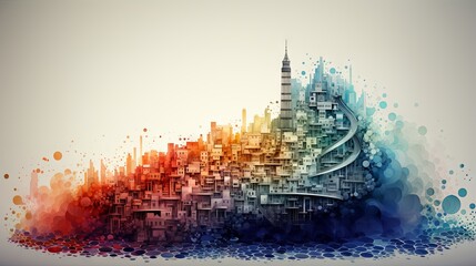 Abstract pastel coloured mosaic cityscape with experimental architecture. Made with Generative AI.