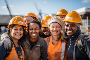 Smiling portrait of a diverse happy female group of women working construction on a construction site.  genarative ai