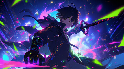 epic fight between anime men, eyes glowing with neon colors carrying swords, psychedelic background - obrazy, fototapety, plakaty