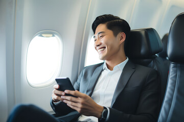 Portrait young asian businessman with suit sitting in business first class seat inside airplane near the window and smiling looking at his smartphone - obrazy, fototapety, plakaty