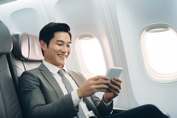 Portrait young asian businessman with suit sitting in business first class seat inside airplane near the window and smiling looking at his smartphone