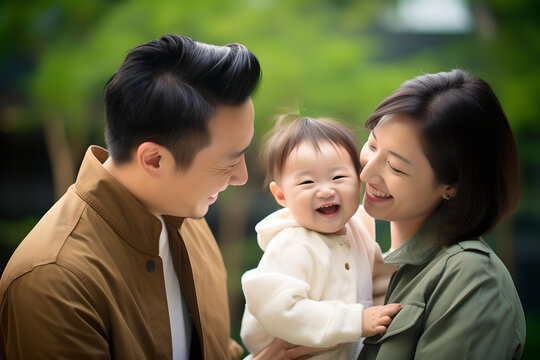 Portrait of cheerful asian parent with baby girl enjoying a day outside, lovely happy family at park on sunny day