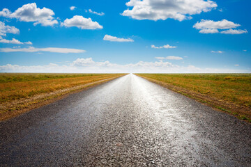 Long straight desert road to flat horizon, with light streaming from straight ahead.